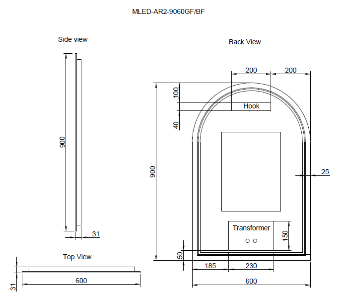 Brushed Nickel Framed AR2 LED Mirror Arch - MLED-AR2-9045BN 900x450mm